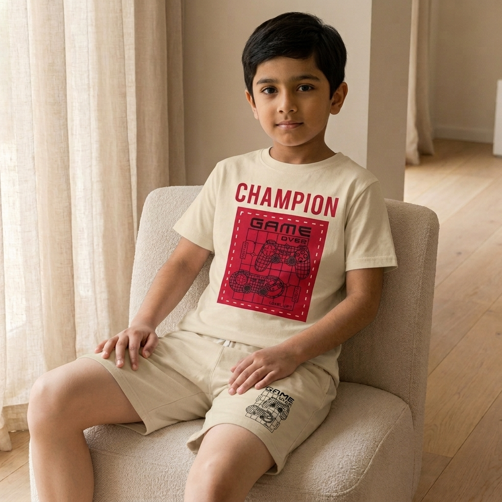 Champion Kids Combo Set Beige - Boy sitting on sofa
