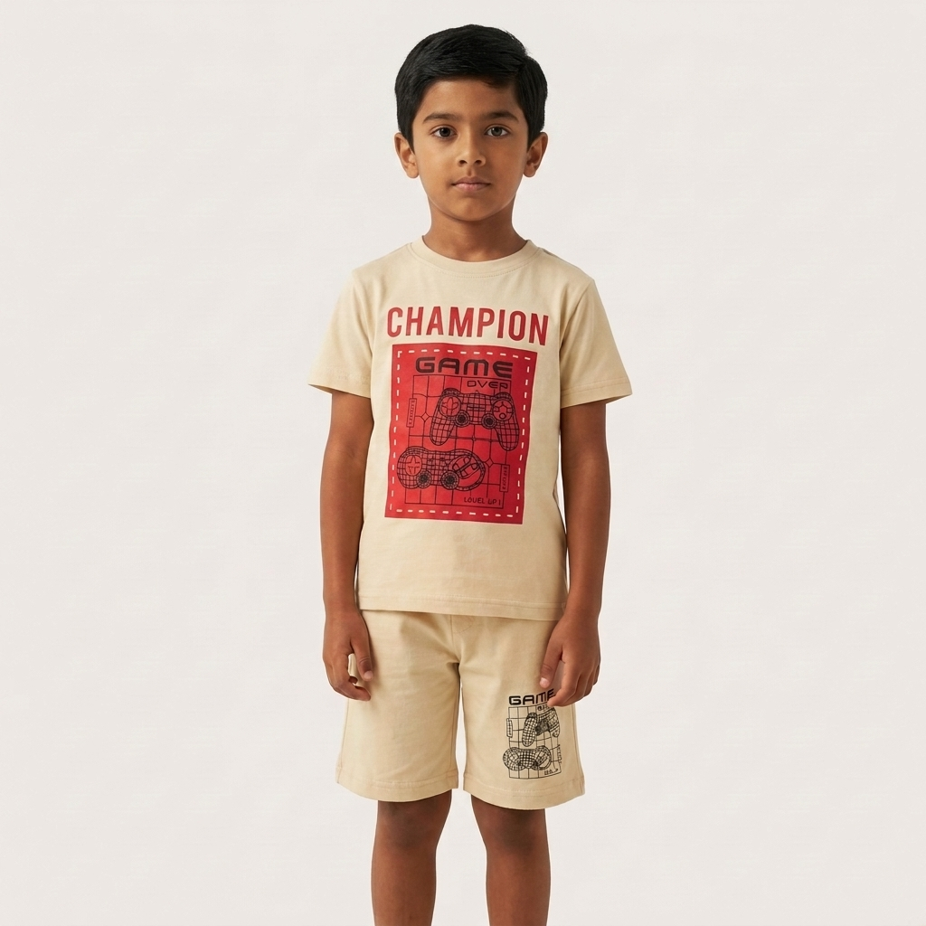 Champion Kids Combo Set Beige - Boy standing full outfit white background
