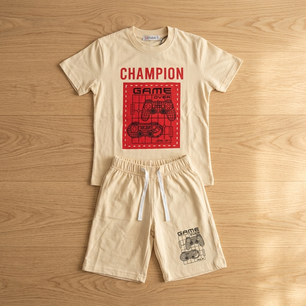Champion Kids Combo Set Beige - Flat lay product shot on wooden floor