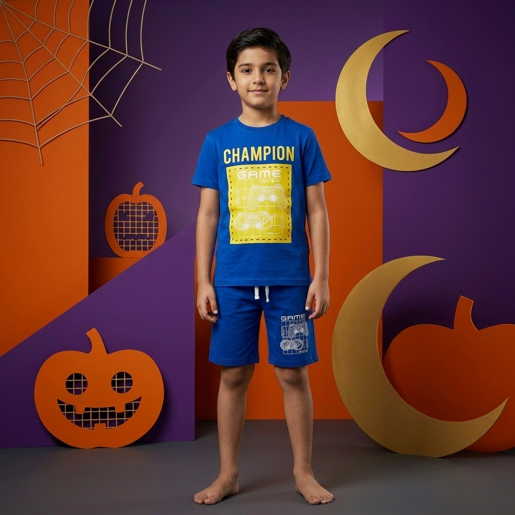 Champion Kids Combo Set Royal Blue - Boy standing full outfit white background