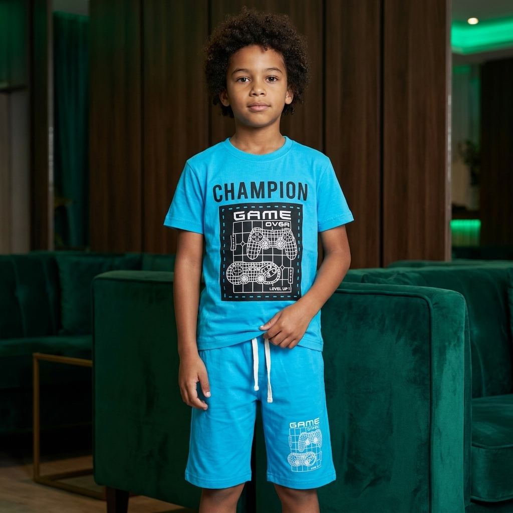 Boy wearing Champion Light Blue Combo Set – front view