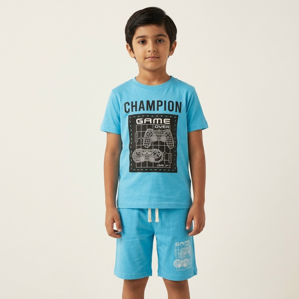Boy wearing Champion Light Blue Combo Set – lifestyle shoot