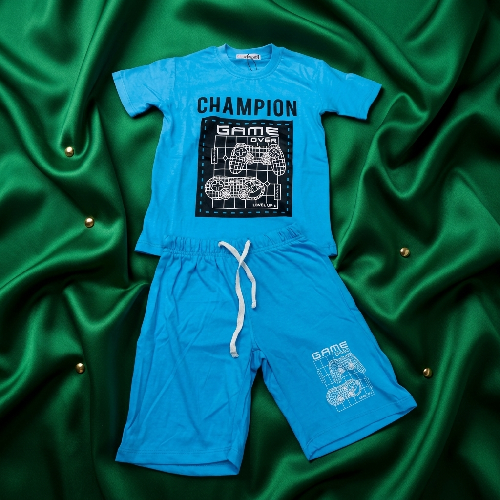 Boy wearing Champion Light Blue Combo Set – styled shoot