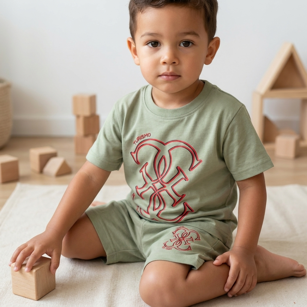 Boy wearing Turismo Monogram Co-ord Set in olive green – front view