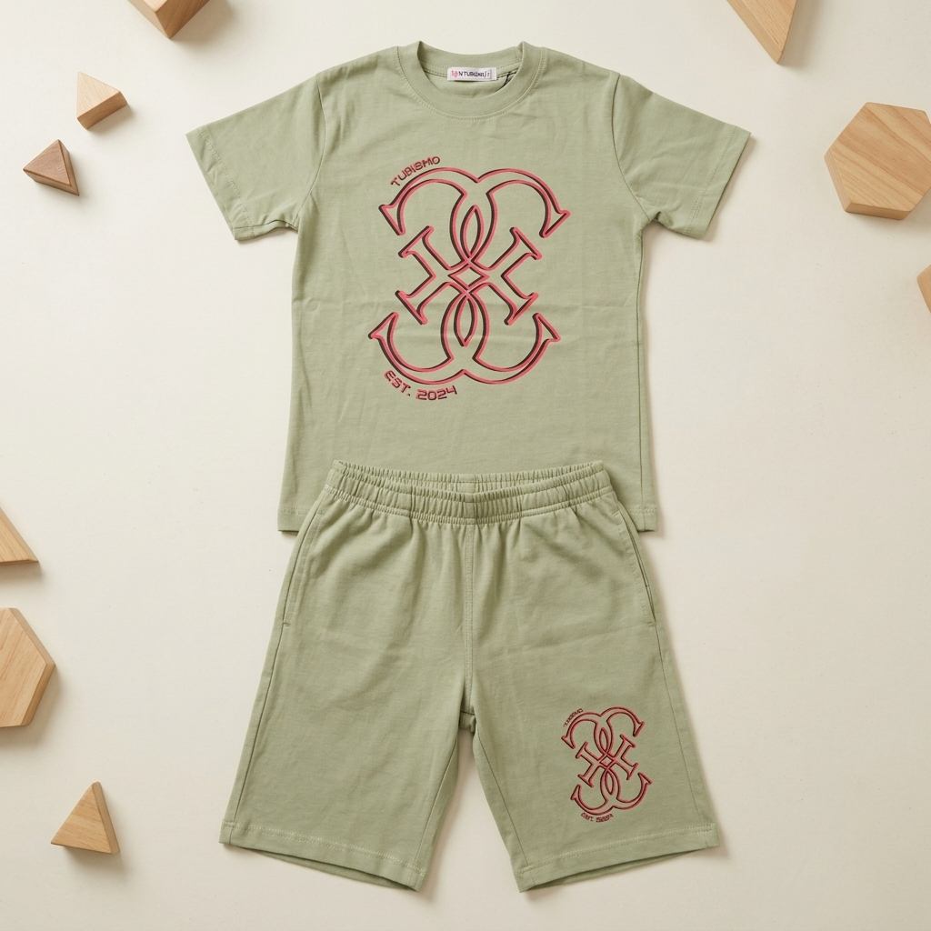 Turismo Monogram Co-ord Set flatlay – olive green t-shirt and shorts