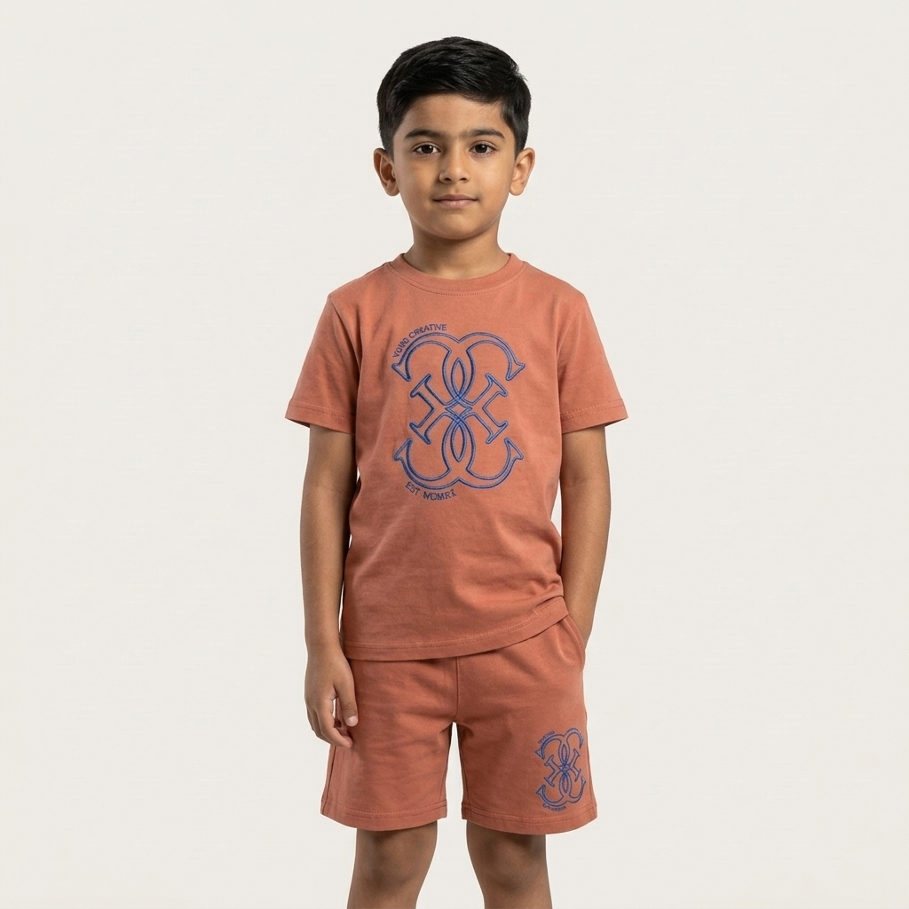Boy wearing Turismo Peach-Brown Combo Set – front view