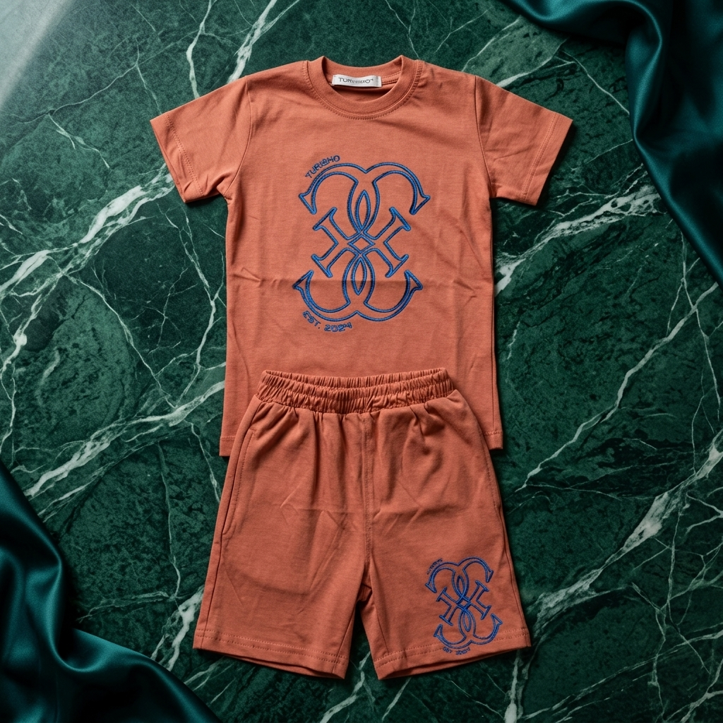 Boy wearing Turismo Peach-Brown Combo Set – styled shoot