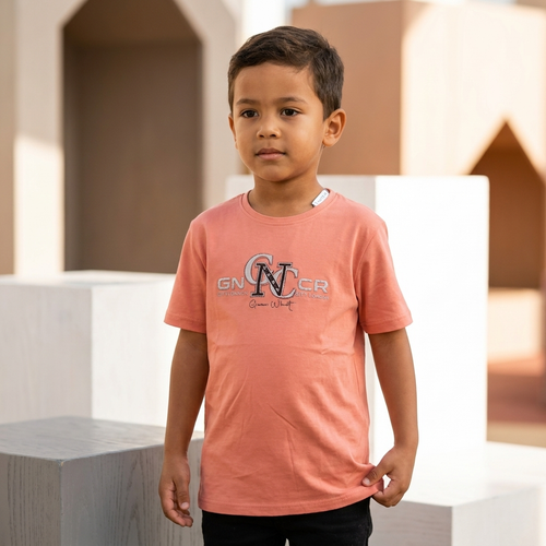 GN NC CR Kids T-Shirt Peach – Young boy wearing tee, lifestyle shot
