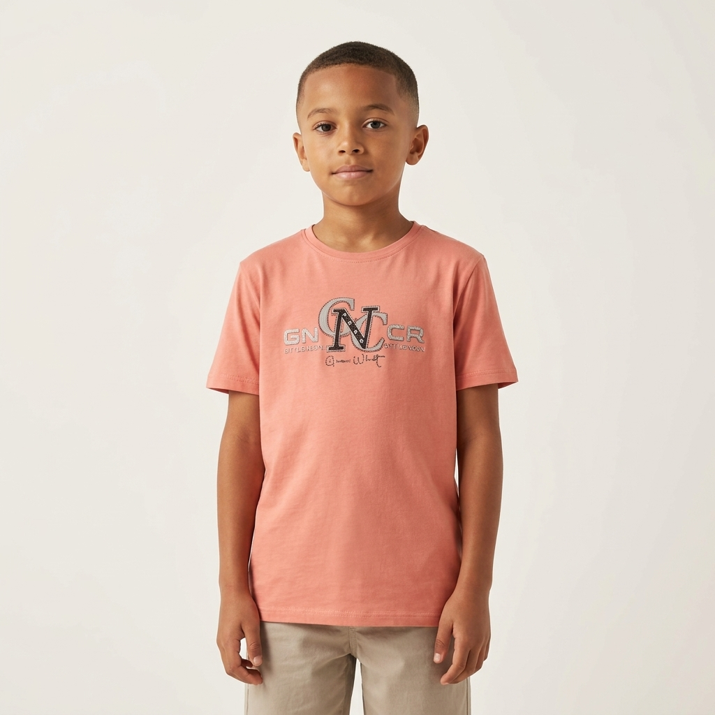 GN NC CR Kids T-Shirt Peach – Older boy wearing tee, front view