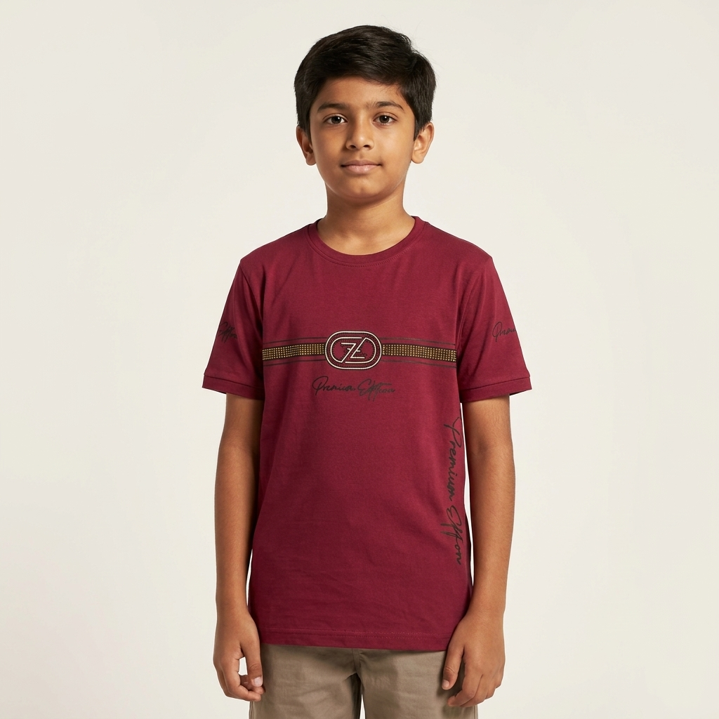 ZL Kids T-Shirt Maroon – Older boy wearing tee, front view