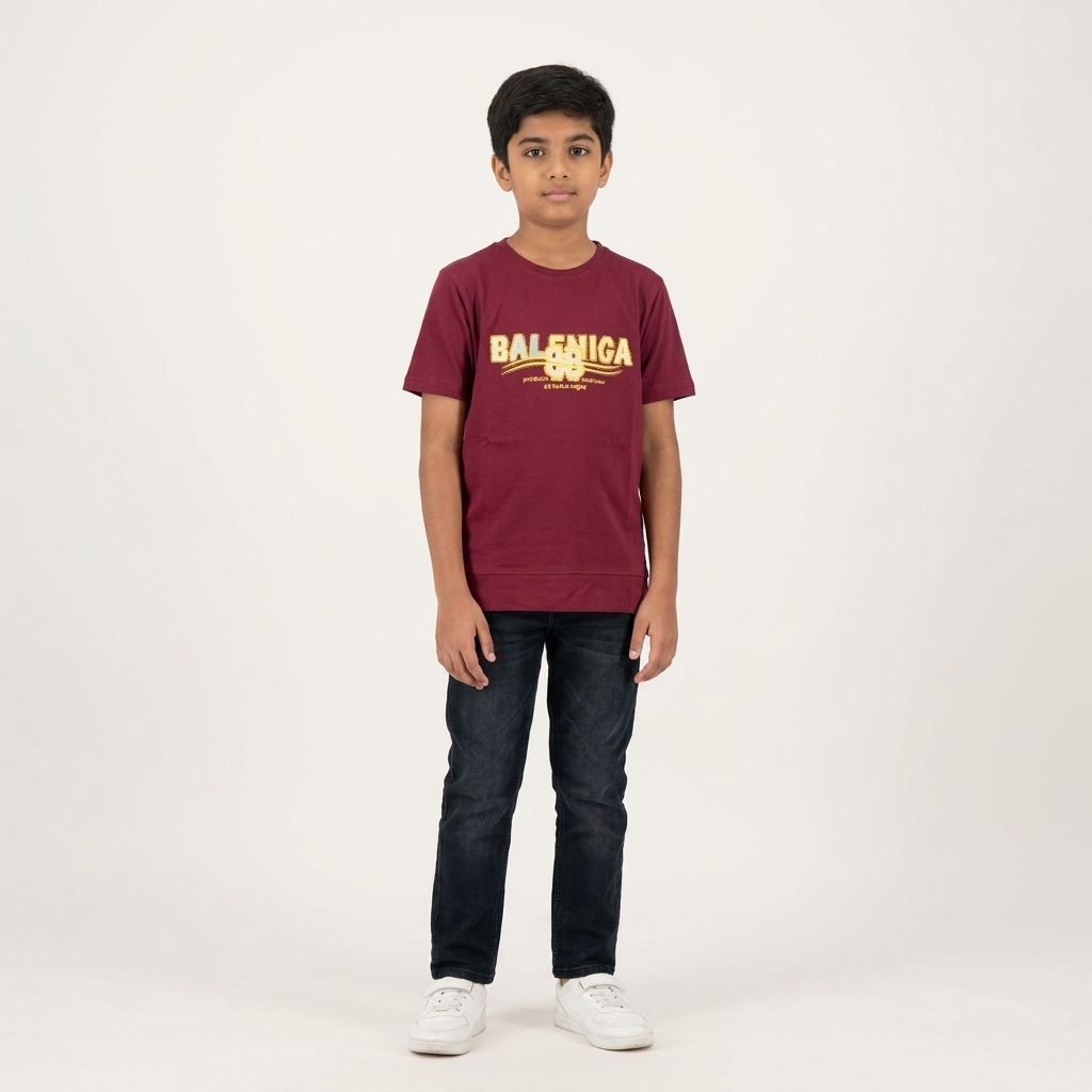 Baleniga 88 Kids T-Shirt Maroon – Older boy wearing tee, full body front view
