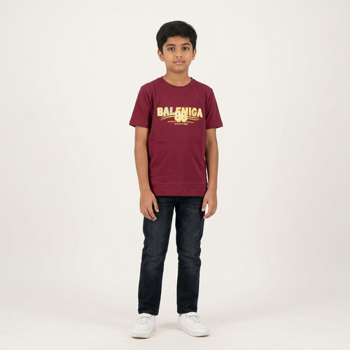 Baleniga 88 Kids T-Shirt Maroon – Older boy wearing tee, full body front view