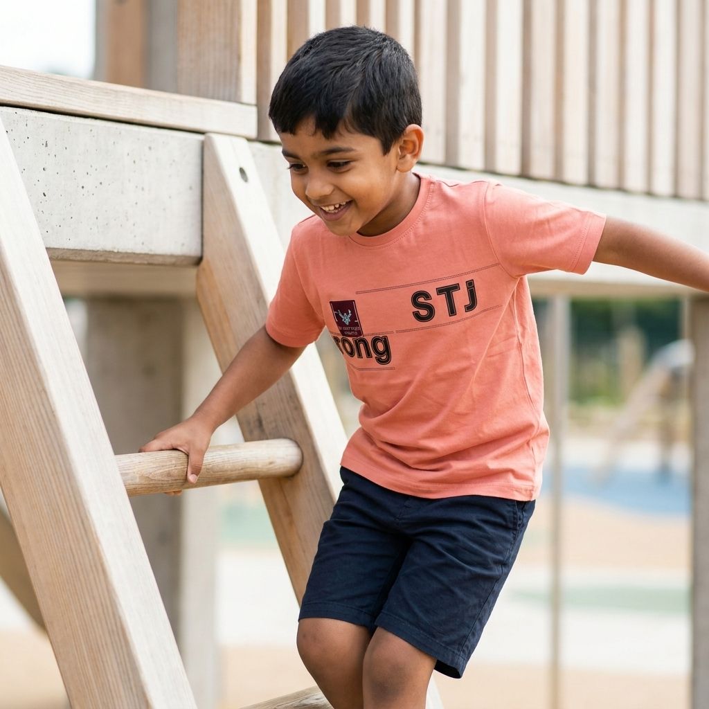 Boy wearing STJ Rong Kids T-Shirt in Peach - outdoor lifestyle