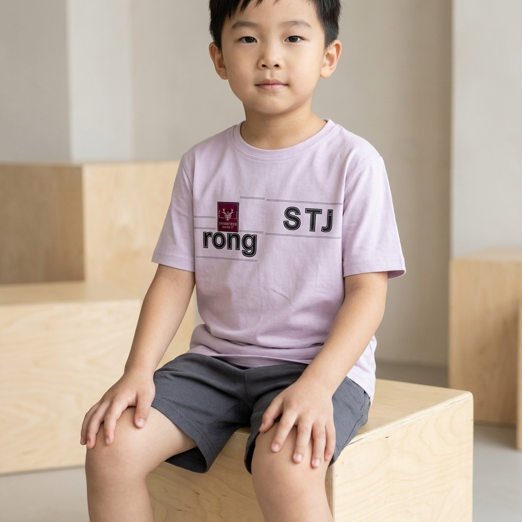 STJ Rong Kids T-Shirt Lavender – Boy wearing tee, side view