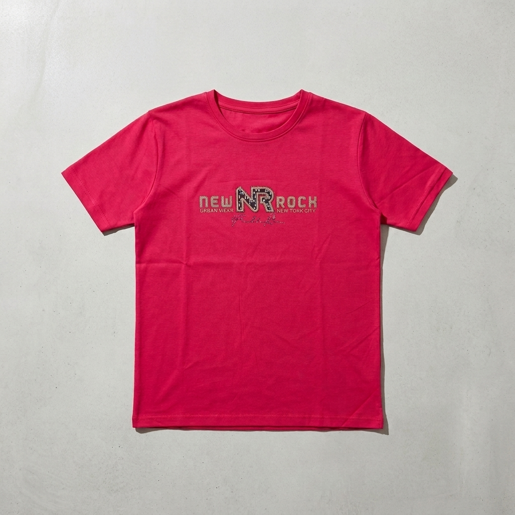 NR New Rock Kids T-Shirt Red – Boy smiling wearing tee, lifestyle shot