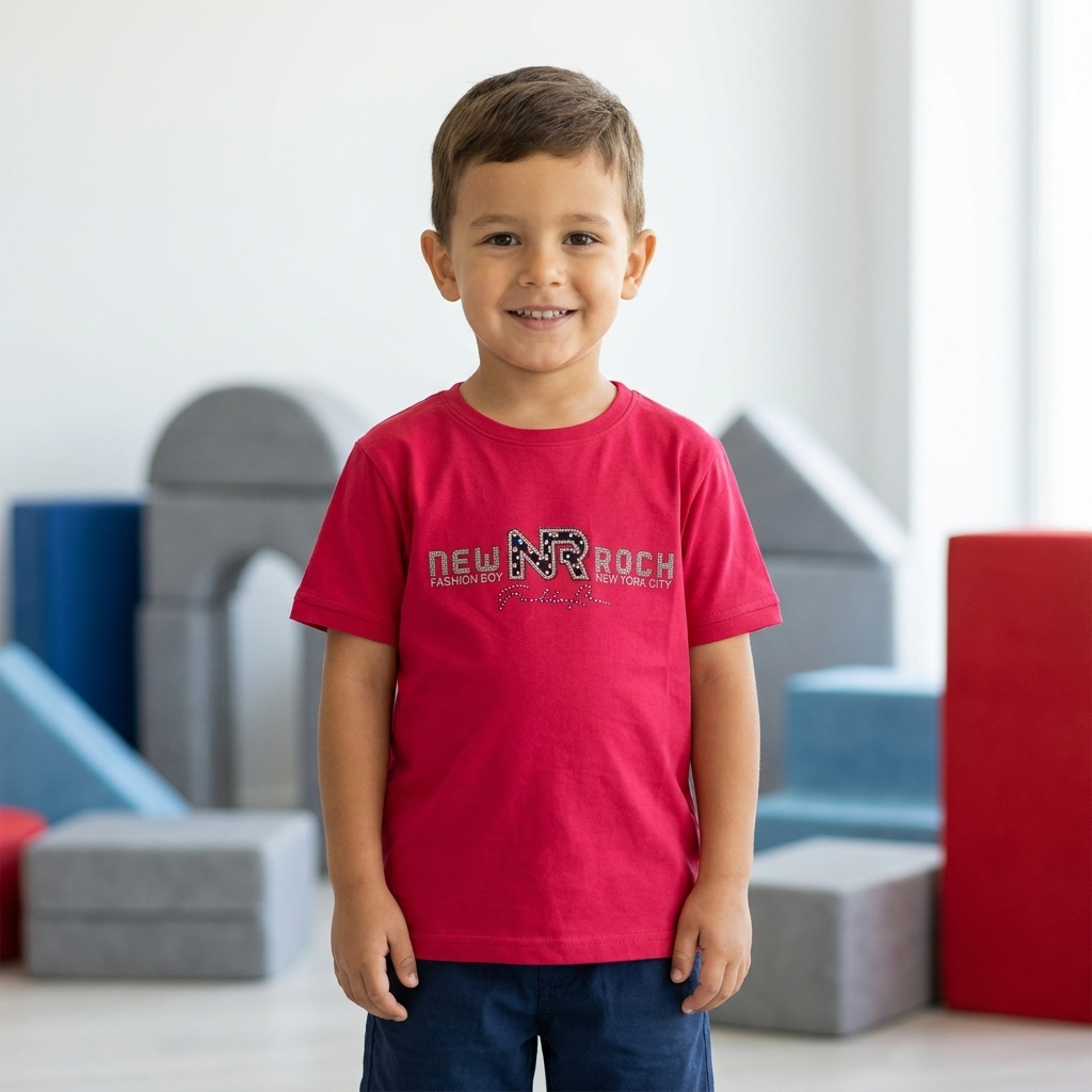 NR New Rock Kids T-Shirt Red – Toddler boy wearing tee, front view