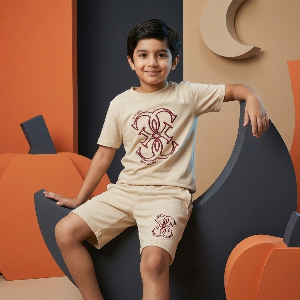 Turismo Kids Combo Set Beige - Boy sitting on orange themed background