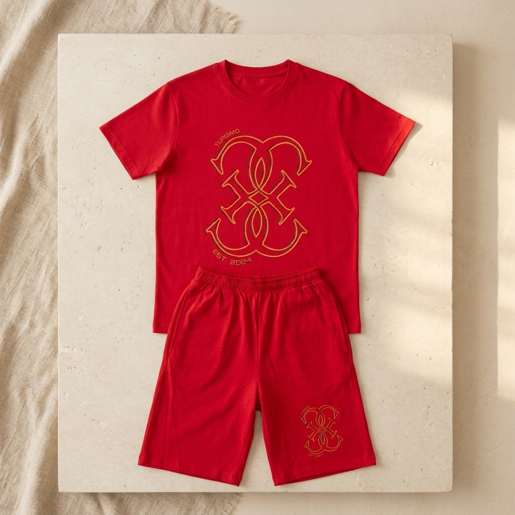 Turismo Kids Combo Set Bright Red - Boy leaning on arch Halloween themed background